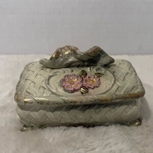 1940’s light green basket weave with pink florals Wales trinket box with lid